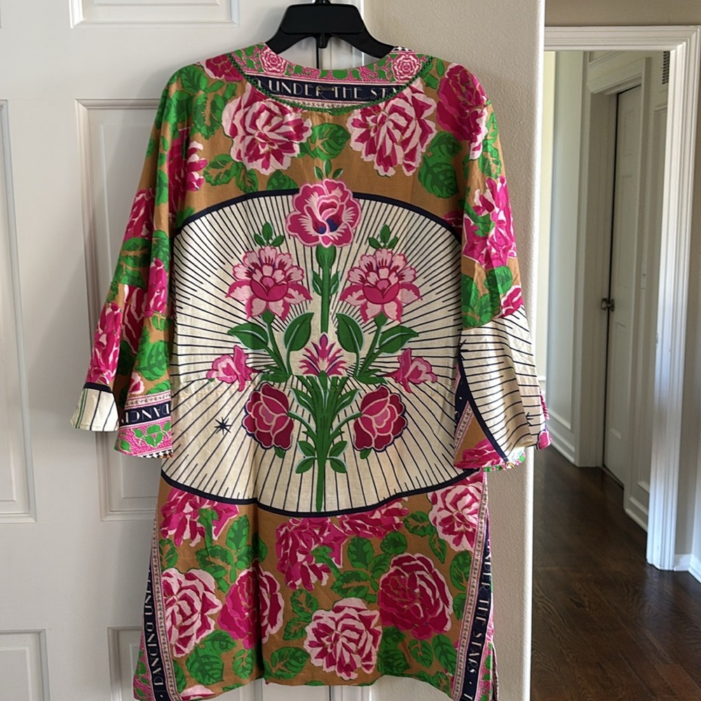 Maaji Pink Floral Swim Cover-up Tunic with Green and Gold Accents - Picture 3 of 6